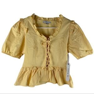 Story On Blouse Womens Small Yellow Lace Up Front Top Short Sleeve